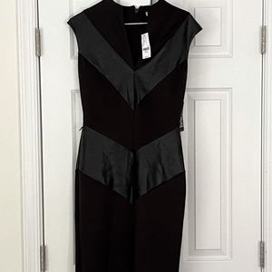 New York & Company black with leather midi dress with capped sleeves